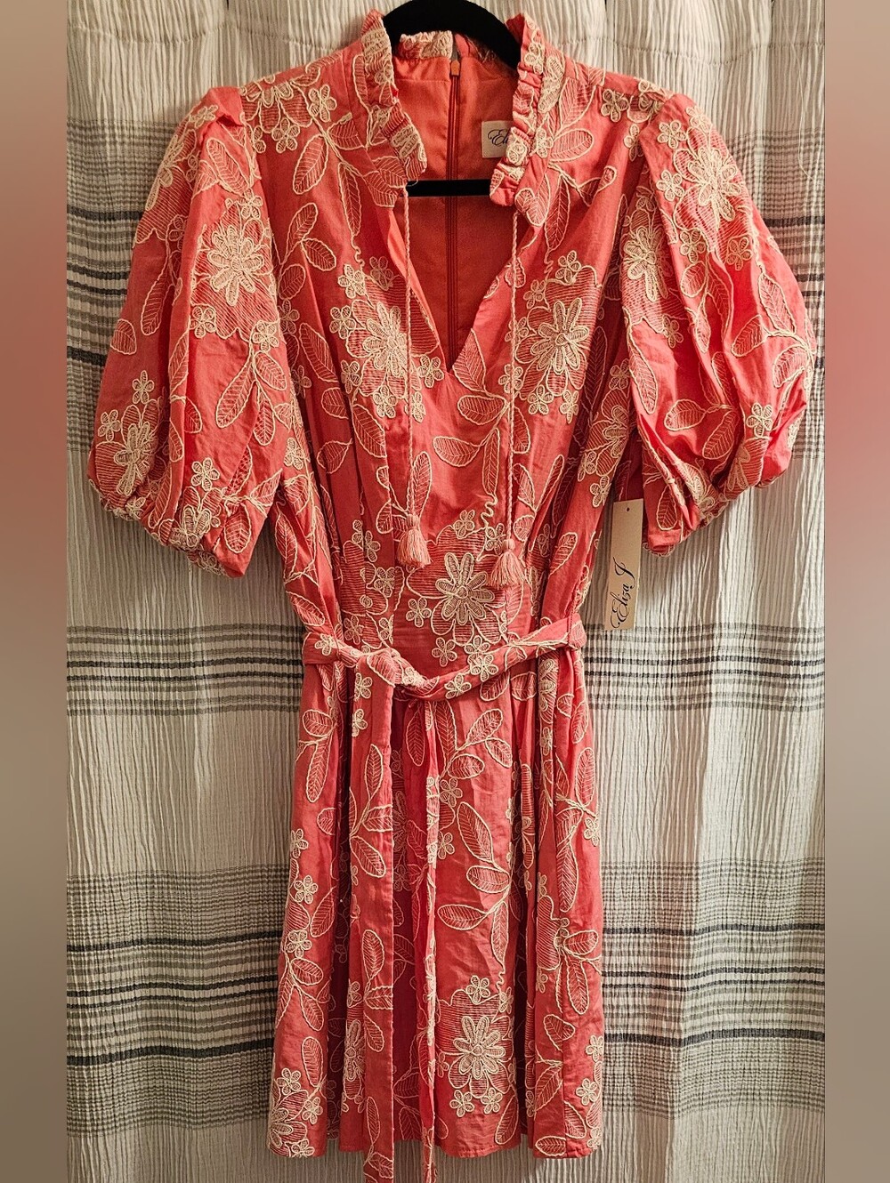 Eliza J Coral Dress with White Floral Embroidery And Flicks Of Sequins
